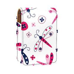 Make-up-Lippenstift-Etui mit Spiegel für Geldbörse, Kosmetiktasche mit Spiegel,Sommer Blumen Rosa Libellen Karikatur nett von KQNZT