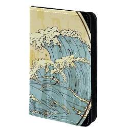 Reisepasshülle Brieftasche PU-Leder Kartenetui Reisezubehör für Damen Herren,Japanische Vintage Kunst Ozean Wellen von KQNZT