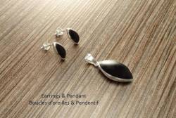 Black Oval earrings Set, Sterling Silver, Almond Shape Onyx Stone, Dangle Post Earrings, Modern Minimalist pointed style Design Jewelry (Make your choice :: SET=Earrings+Pendant, Gift Wrapping: Free) von KRAMIKE