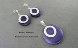 Purple Round Earring, Sterling Silver, Violet Discs Earrings and Pendant, Modern Minimalist Geometric Dangle Jewelry Overlaid Disk (Make your choice :: Set + Chain 45cm, Gift Wrapping: Free) von KRAMIKE