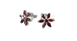 Red Flower Earrings, Sterling Silver Dainty Stud Earrings, Garnet Cubic Zircons, Tiny Floral jewelry, Gift for her (Make your choice :: SET + Chain 45cm, Gift-Wrapping: Free) von KRAMIKE