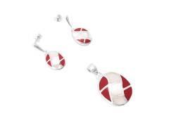 Red Oval Earrings, Sterling Silver, White Mother of Pearl Shell, Red Stone, Mosaic Wave Pattern, Modern Geometric Earrings & Pendant Set (Make your choice :: SET + CHAIN 45 cm, Gift-Wrapping: Free) von KRAMIKE