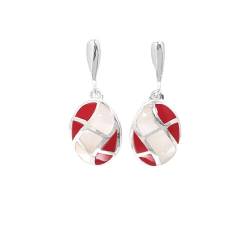 Red White Earrings, Mother of Pearl, Sterling Silver, Red Stone, Oval Mosaic Earrings, Wave Pattern, Inlay Dangle Earrings, Shell earrings. (Make your choice : SET + CHAIN 50 cm, Gift Wrapping: Free) von KRAMIKE