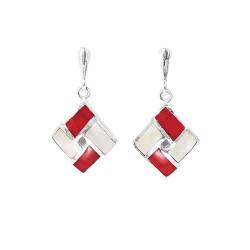 Red and White SILVER Earrings, 925 Sterling Silver, SQUARE Red Stone and White Mother of Pearl Modern Shell Necklace, Checkered Jewelry. (Make your choice :: SET + CHAIN 55 cm, Gift Wrapping: Free) von KRAMIKE