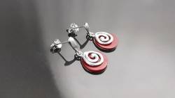 Red round earrings - Sterling Silver 925, Lipstick Red Stone Dangle Earrings, Spiral Design Earrings, Modern Swirl Design Jewelry (Make your choice :: SET + Chain 45cm, Gift Wrapping: Free) von KRAMIKE