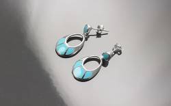 Turquoise Earrings, Sterling Silver, Oval Almond Shape Blue Turquoise Stone, Geometric Drop Stones Earrings, Modern Jewelry, Dangle Earrings (Make your choice : SET + Chain 50 cm, Gift Wrapping: Free) von KRAMIKE