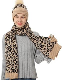 Warme Winter-Geschenkset, Schal, Mütze und Handschuhe, klassischer Leopardenmuster, warme Wollmütze und Samtschal, Touchscreen-Handschuhe, 3-in-1, beige, L von KRIPINC