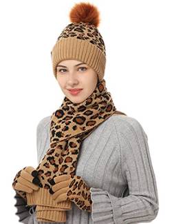 Warme Winter-Geschenkset, Schal, Mütze und Handschuhe, klassischer Leopardenmuster, warme Wollmütze und Samtschal, Touchscreen-Handschuhe, 3-in-1, khaki, L von KRIPINC