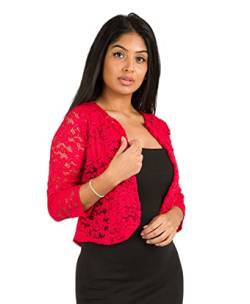 KRISP Damen Festliche Bolerojacke Spitzenjacke Bolero Strickjacke Hochzeit Damenjacke, Rot, 38, 3918-RED-10 von KRISP