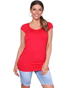 KRISP Damen Sommer T-Shirt Kurzarmshirt V-Ausschnitt Bluse Tunika Oberteil Top, Rot, 42, 7604-RED-14 von KRISP