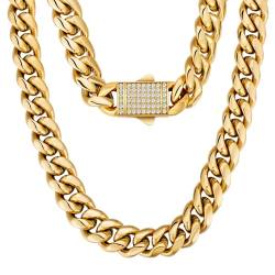 KRKC&CO 12mm Herren Panzerkette mit Iced Out Verschluss, 18K Gold plattiert Cuban Link Chain, Edelstahl Miami Kubanische Gliederkette Goldkette, Hip Hop Halskette für Männer Jungen [Größe 50,8cm] von KRKC & CO keep real keep champion