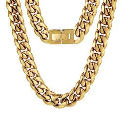 KRKC&CO 12mm Panzerkette 18K Gold plattiert Cuban Link Chain Edelstahl Panzerkette Herren Gold Miami kubanische Gliederkette für Herren Gold Kette Hip Hop Halskette für Männer Jungen Größe 51cm von KRKC & CO keep real keep champion