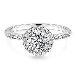 KRKC&CO Moissanite Ringe Verlobungsring Damen, 1ct Halo Solitärring, VVS1 D Farbe, 925 Silber Weißgold beschichtet Trauring Eheringe, Verlobung Verlöbnis Hochzeit Jubiläum, (Rundschliff Größe 52) von KRKC & CO keep real keep champion