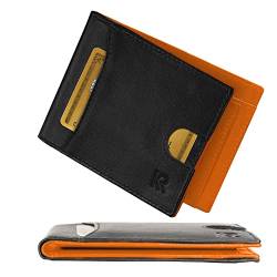 KRONIFY Leder Geldbörse Herren Echtleder Geldbeute, Slim Wallet mit Münzfach RFID, Portemonnaie fur Karten & Munzen, 9 Kartenfächer für Männer Brieftasche Wallet Portmonee（Kein Clip, Schwarz/Orange） von KRONIFY