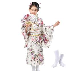 KRUIHAN Japanische Kimono Kinder,Japanische Stil Sakura Yukata Kleid für Mädchen,Kinder Seidig Satin Kimono Robe,Mädchen Cosplay Kostüme Party Kleid,Mit Falten Fan und Tabi Socken,Stil A,Weiß,140 von KRUIHAN