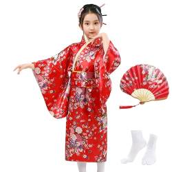KRUIHAN Japanische Kimono Kinder,Japanische Stil Sakura Yukata Kleid für Mädchen,Kinder Seidig Satin Kimono Robe,Mädchen Cosplay Kostüme Party Kleid,Mit Falten Fan und Tabi Socken,Stil A,Rot,140 von KRUIHAN