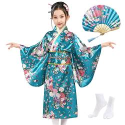 KRUIHAN Japanische Kimono Kinder,Traditionelle Japanische Stil Yukata Kleid für Mädchen,Kinder Seidig Satin Kimono Robe,Mädchen Cosplay Kostüme Party Kleid,Mit Falten Fan und Tabi Socken,Türkis,140 von KRUIHAN
