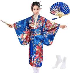 KRUIHAN Japanische Stil Mädchen Traditionelle Kimono Kinder Yukata Robe Imitation Seide Satin Kleid Kinder Cosplay Kostüme Party Kleid,mit Falten Fan und Tabi Socken,Königsblau,130 von KRUIHAN