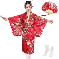 KRUIHAN Japanische Stil Mädchen Traditionelle Kimono Kinder Yukata Robe Imitation Seide Satin Kleid Kinder Cosplay Kostüme Party Kleid,mit Falten Fan und Tabi Socken,Rot,140 von KRUIHAN