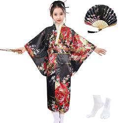 KRUIHAN Japanische Stil Mädchen Traditionelle Kimono Kinder Yukata Robe Imitation Seide Satin Kleid Kinder Cosplay Kostüme Party Kleid,mit Falten Fan und Tabi Socken,Schwarz,130 von KRUIHAN