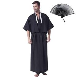 KRUIHAN Japanischer Kimono Männer Yukata Kimono Robe Japanische Traditionelle Samurai Uniform Cosplay Kostüm Japanischer Stil Kleidung Haori Jacke Top Hakama Rock Set,Einheitsgröße,Schwarz von KRUIHAN