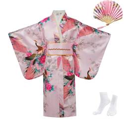 KRUIHAN Kimono-Kleid für Mädchen,Traditionelle Kleidung,Seidenstoff,Robe,Hochzeitskleidung,Party,Performance-Kleid,Cosplay-Kostüm-Set mit Faltbaren Fächern und Tabi-Socken,130,Rosa von KRUIHAN