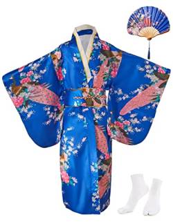KRUIHAN Kimono-Kleid für Mädchen,Traditionelle Kleidung,Seidenstoff,Robe,Hochzeitskleidung,Party,Performance-Kleid,Cosplay-Kostüm-Set mit Faltbaren Fächern und Tabi-Socken,130 CM,Königsblau von KRUIHAN