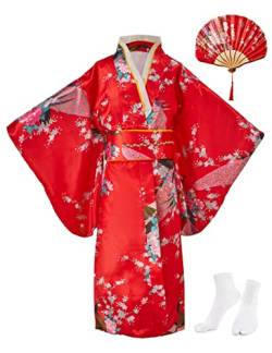 KRUIHAN Kimono-Kleid für Mädchen,Traditionelle Kleidung,Seidenstoff,Robe,Hochzeitskleidung,Party,Performance-Kleid,Cosplay-Kostüm-Set mit Faltbaren Fächern und Tabi-Socken,130 CM,Rot von KRUIHAN