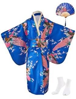 KRUIHAN Kimono-Kleid für Mädchen,Traditionelle Kleidung,Seidenstoff,Robe,Hochzeitskleidung,Party,Performance-Kleid,Cosplay-Kostüm-Set mit Faltbaren Fächern und Tabi-Socken,150 cm,Königsblau von KRUIHAN