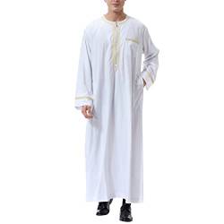 KRUIHAN Mens Muslim Kleidung Arabische Robe für Männer Kaftan Abaya Islamische Langarm Jalabiya Kleid für Männer Weiß L von KRUIHAN