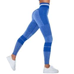 KRUPTI Damen-Yoga-Leggings mit hoher Taille Nahtlose Sporthose gestreift gestrickt für Fitnessstudio schnell trocknende Laufhose atmungsaktive Leggins blau S von KRUPTI