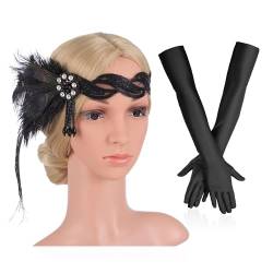 1 Stirnband, 1 Paar Handschuhe, Damen-Kopfbedeckung, Feder-Stirnbänder, Moderne Damen-Stirnbänder, 1920er-Feder-Stirnbänder, 1920er-Damen-Accessoires, Damen-Haar-Accessoires-Stirnbänder von KRYMSON