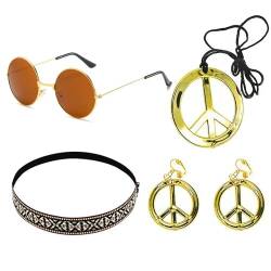 KRYMSON 1 Zubehörset, Sonnenbrille, Halskette mit goldenen Ohrringen, geflochtenes Stirnband, Hippie-Zubehörset, Hippie-Schmuck, Bekleidungszubehör, Bohemian-Accessoires von KRYMSON