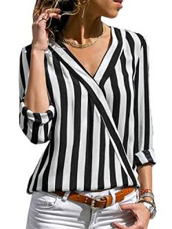 Frauen Gestreifte Bluse V-Ausschnitt Langarmblusen Hemden Casual Tops Arbeit Tragen Chiffonhemd (Color : Black, Size : M) von KSFBHC