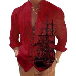 Herren Shirt,Herren Wikinger Hemd Langärmelig Vintage Schnalle Bequeme Passform Lässiges Segelschiff Muster Stehkragen Button Down Arbeitsanzug Hemden Basic Hemd Rot XL von KSKAN
