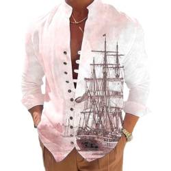 KSKAN Herren Hemd Langarm,Herren Wikinger Hemd Langärmelig Vintage Schnalle Bequeme Passform Lässiges Hemd Mit Segelschiff Muster Stehkragen Button Down Arbeitsanzug Hemden Basic Hemd Pink S von KSKAN