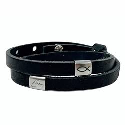 KT-Schmuckdesign Lederarmband doppelt schwarz mit 2 Edelstahlperlen - mit Wunschgravur und Fisch - Geschenkidee Konfirmation Kommunion Firmung personalisiert von KT-Schmuckdesign