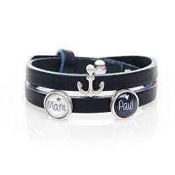 Lederarmband - dunkelblau, Wunschtext, Anker und 2 Schiebeperlen, blau & weiß - Modeschmuck Personalisiert Individuell Perle Damenschmuck Armband Namensperle Glascabochon Geschenkidee von KT-Schmuckdesign