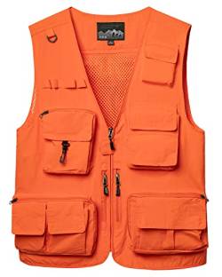 KTWOLEN Herren Outdoor Weste mit Mehreren Taschen Leicht Anglerweste Jagdfischen Outdoor Camping Fotografie Ärmellos Angeljacke, A-Orange, 4XL von KTWOLEN