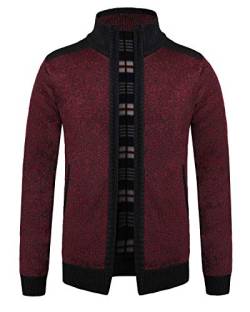 KTWOLEN Herren Strickjacke Cardigan Feinstrick Mit Stehkragen Und Reißverschluss Fleece-gefüttert Wintermantel Sweatjacke Langarm Winterjacke, A-Rot, XXL von KTWOLEN