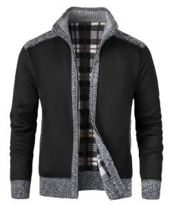 KTWOLEN Herren Strickjacke Cardigan Feinstrick Mit Stehkragen Und Reißverschluss Fleece-gefüttert Wintermantel Sweatjacke Langarm Winterjacke, A-Schwarz, L von KTWOLEN