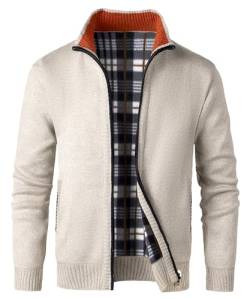 KTWOLEN Herren Strickjacke Cardigan Feinstrick Mit Stehkragen Und Reißverschluss Fleece-gefüttert Wintermantel Sweatjacke Langarm Winterjacke, C-Beige, L von KTWOLEN