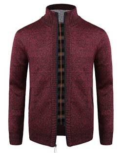 KTWOLEN Herren Strickjacke Cardigan Feinstrick Mit Stehkragen Und Reißverschluss Fleece-gefüttert Wintermantel Sweatjacke Langarm Winterjacke, C-Rot, L von KTWOLEN