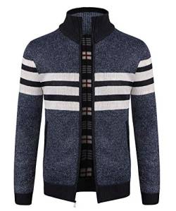 KTWOLEN Herren Strickjacke Cardigan Feinstrick Mit Stehkragen Und Reißverschluss Fleece-gefüttert Wintermantel Sweatjacke Langarm Winterjacke, Streifen_Blau, S von KTWOLEN