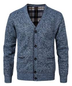 KTWOLEN Herren Strickjacke V Ausschnitt Fleecejacke Wintermantel Sweatjacke Cardigan Trachtenjacke Warme Winterjacke mit Knopfverschluss und Taschen, Blau, L von KTWOLEN