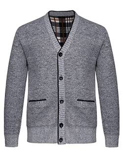 KTWOLEN Herren Strickjacke V Ausschnitt Fleecejacke Wintermantel Sweatjacke Cardigan Trachtenjacke Warme Winterjacke mit Knopfverschluss und Taschen, Hellgrau, L von KTWOLEN