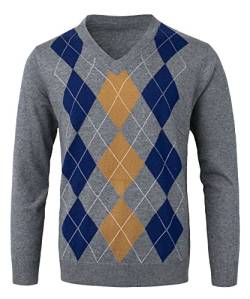 KTWOLEN Herren V-Ausschnitt Pullover Argyle Casual Langarm Strickpullover Freizeit Gestrickt Winterpullover von KTWOLEN