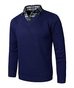 KTWOLEN Pullover mit Hemdkragen Herren 2 in 1 Winter Warm Strickpullover mit V-Ausschnitt Freizeit Mock Hemd Pullover Winter Strick-Pulli Langarmshirt, Navy Blau, L von KTWOLEN