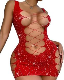 Damen Partykleid,Damen Kurzes Kleid aus Fischnetz,Clubwear Partykleid Mesh-Einsätze，Sexy Minikleid Dessous Set，Sexy Bodycon Fischnetz Minikleid (Rot) von KUAIQI