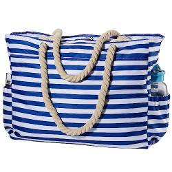 KUAK Extra große Strandtasche mit wasserdichter Handyhülle, Schlüsselhalter, Flaschenöffner, zwei Außentaschen, Reißverschluss oben, Segeltuch-blaue gestreifte Seilgriffe, von KUAK